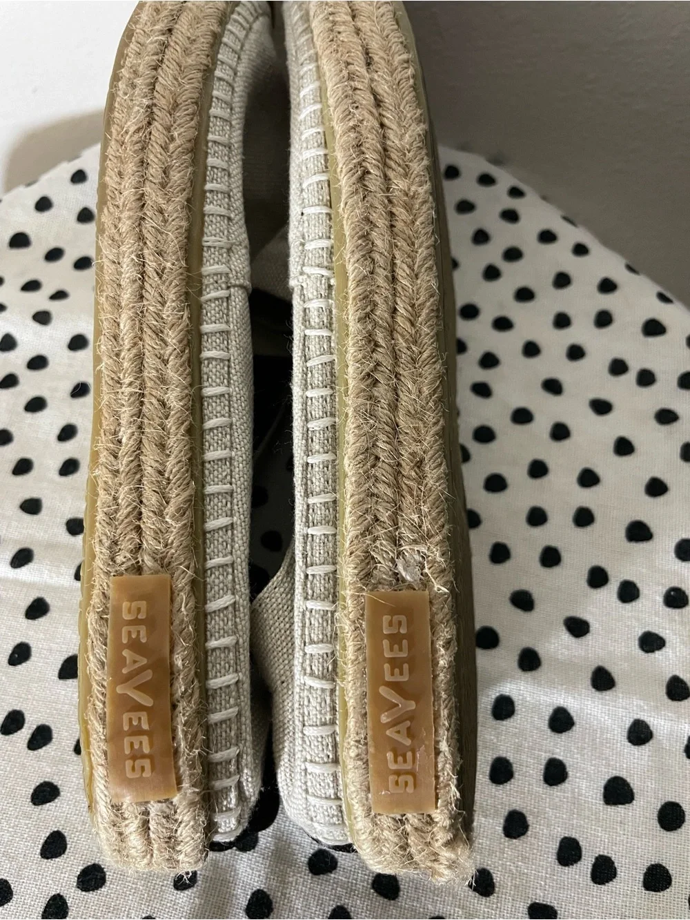SeaVees Beige Canvas Espadrilles with Teal Insole and Black Heel Tab